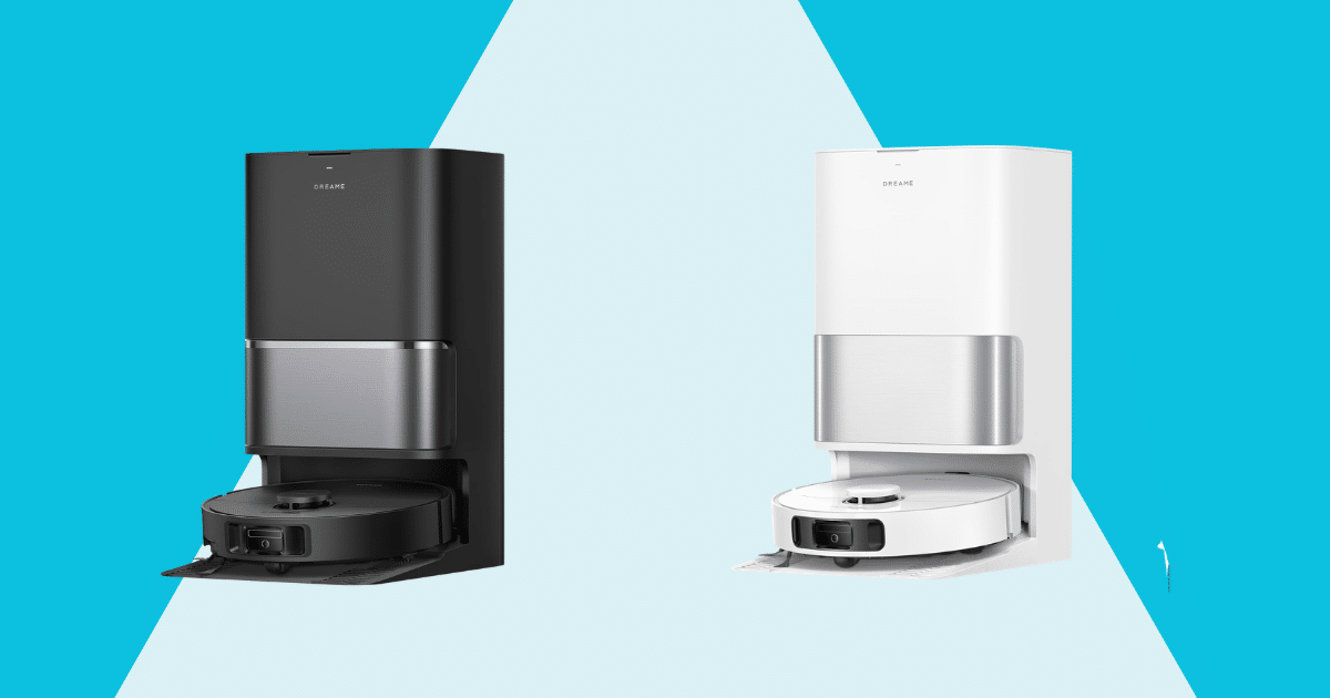 Product shot showing two color variants (black and white) of a modern vertical home appliance with a pull-out lower tray, set against a bright blue geometric background, likely a showroom image for Dreamé.