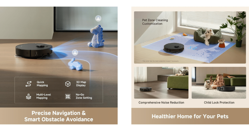 Dreame L40 Ultra Gen 2 Smart features | Vacuum Wars Infographic demonstrating the Dreame L40 Ultra Gen 2 obstacle avoidance and navigation system scanning toys on the floor, highlighting quick mapping, 3D map display, multi-level mapping, and no-go zone settings.