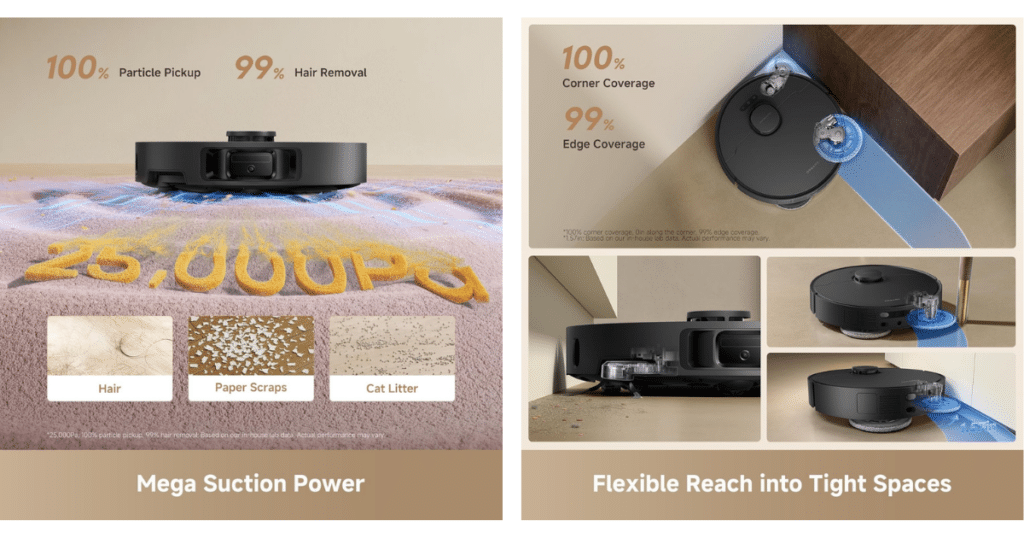 Dreame L40 Ultra Gen 2 Suction hardware | Vacuum Wars Infographic for the Dreame L40 Ultra Gen 2 highlighting 25,000Pa mega suction power on carpet, demonstrating 100 percent particle pickup and 99 percent hair removal for hair, paper scraps, and cat litter.