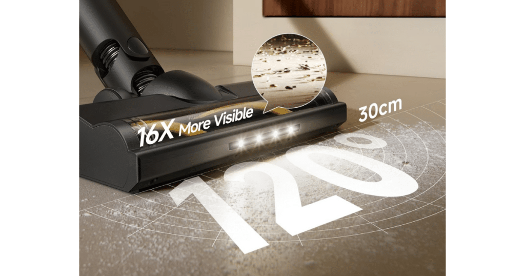 Dreame R10S LED | Vacuum Wars Close-up of the Dreame R10S vacuum floorhead with built-in LED headlights illuminating fine dust and debris on hard flooring using a 120-degree wide-angle beam.