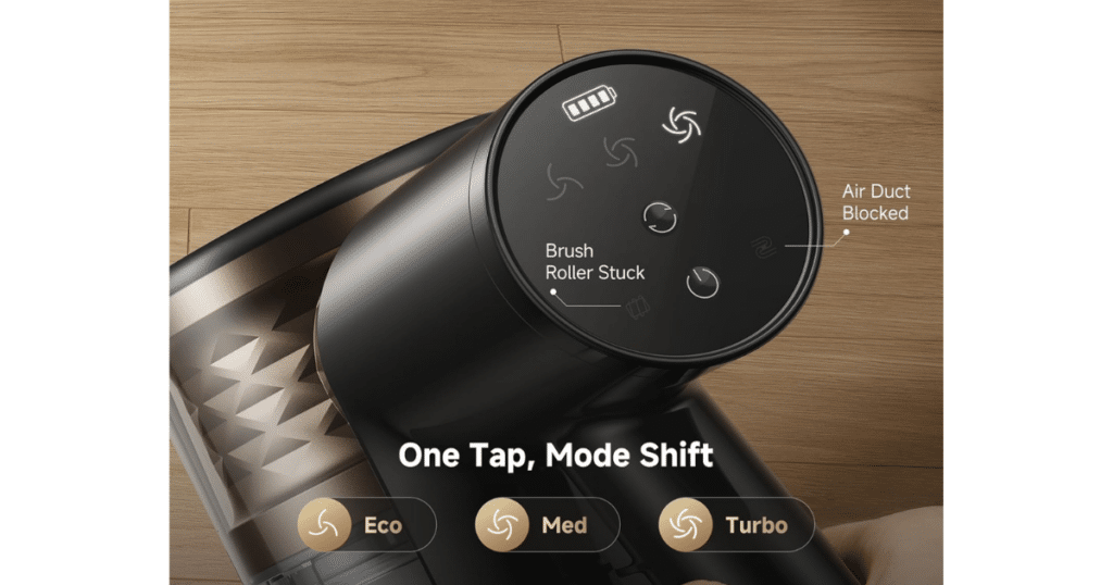 Dreame R10S LED display | Vacuum Wars Close-up of the Dreame R10S cordless vacuum LED display showing battery level, suction modes, and maintenance alerts including brush roller and air duct notifications.