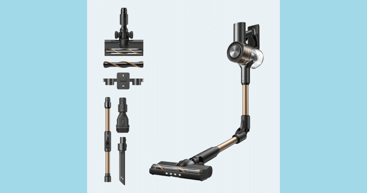 Cordless stick vacuum with a long wand and motorized floor head, plus attachments (crevice tool, brush, and mount)