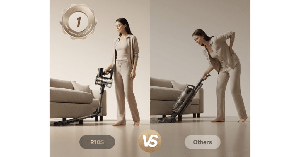 Dreame R10S bend | Vacuum Wars Side-by-side comparison showing the Dreame R10S cordless vacuum with a 180-degree bendable wand cleaning under a sofa while standing upright compared to a traditional stick vacuum requiring the user to bend over.