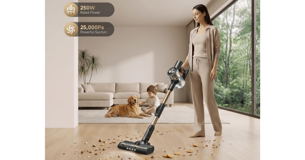 Dreame R10S suction | Vacuum Wars Woman using the Dreame R10S cordless stick vacuum on hard floors with on-screen graphics highlighting 250W motor power and 25,000Pa suction for cleaning pet hair, crumbs, and debris.