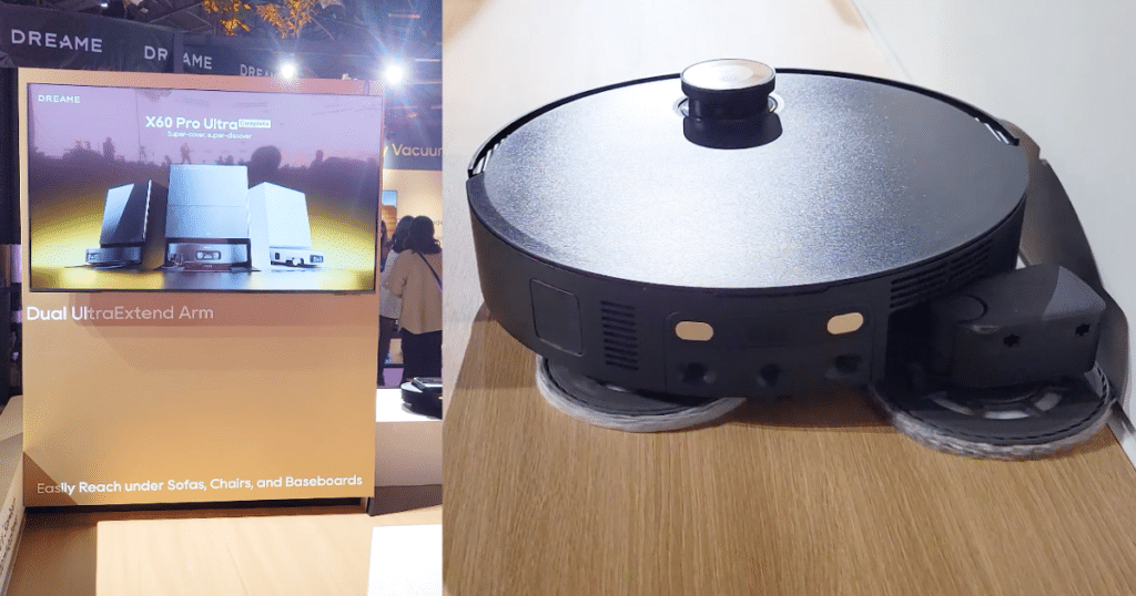 Dreame X60 Pro Ultra Complete | Vacuum Wars The Dreame X60 Pro Ultra Complete robot vacuum demonstrating its “Dual UltraExtend Arm” technology at a trade show display.