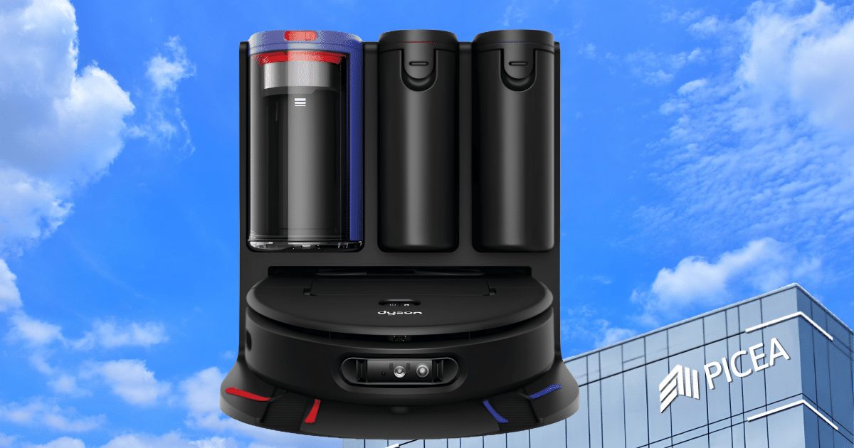 Dyson Spot and Scrub AI robot vacuum in front of a blue sky and a small Picea building in the background.