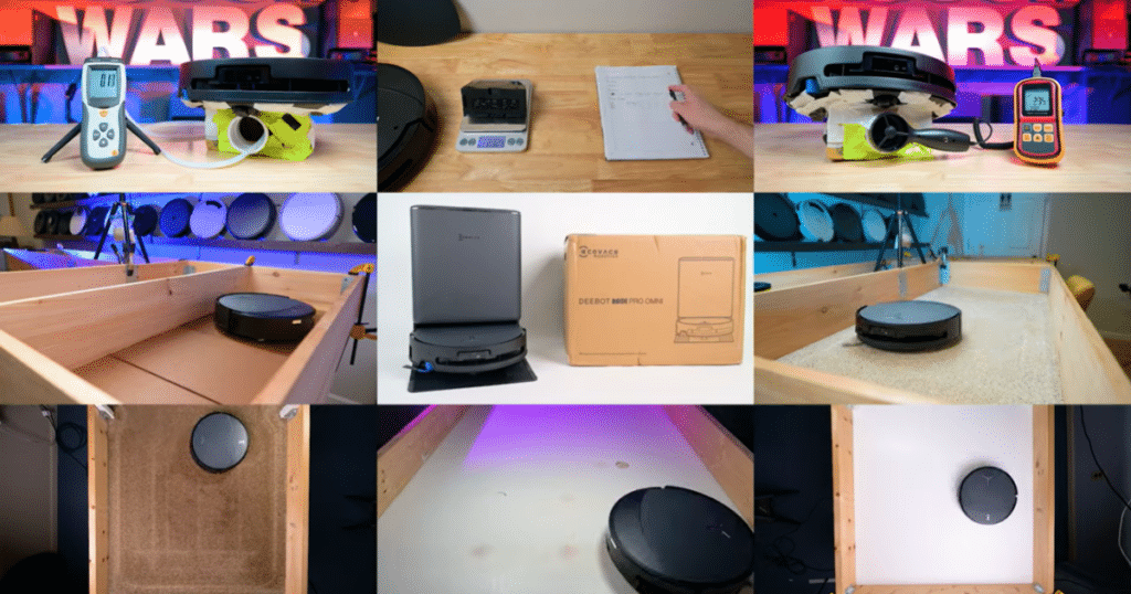 Ecovacs Deebot T90 Pro Omni Tests | Vacuum Wars cCeaning test images showing the Ecovacs Deebot T90 Pro Omni’s suction, airflow, debris pickup, and carpet cleaning performance in Vacuum Wars testing.