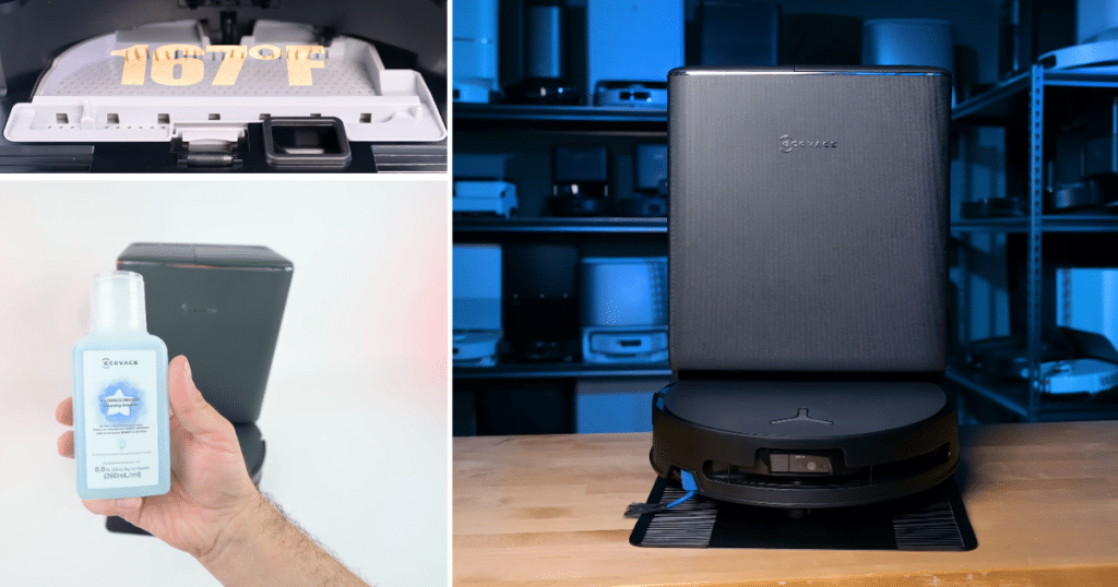 Ecovacs T90 Dock | Vacuum Wars Collage of the Ecovacs Deebot T90 Pro Omni dock and accessories, including a close-up showing 167°F hot water mop washing, a bottle of Ecovacs cleaning solution, and the robot vacuum positioned in front of its docking station.