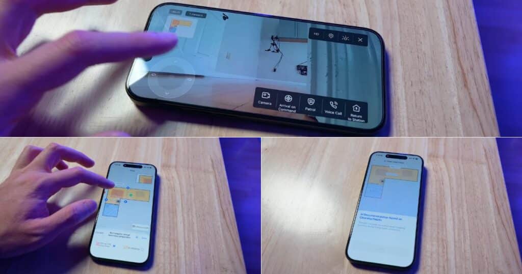 | Vacuum Wars Ecovacs app screens showing live video monitoring controls, map editing, and AI recommendation features for the Ecovacs X12 OmniCyclone.