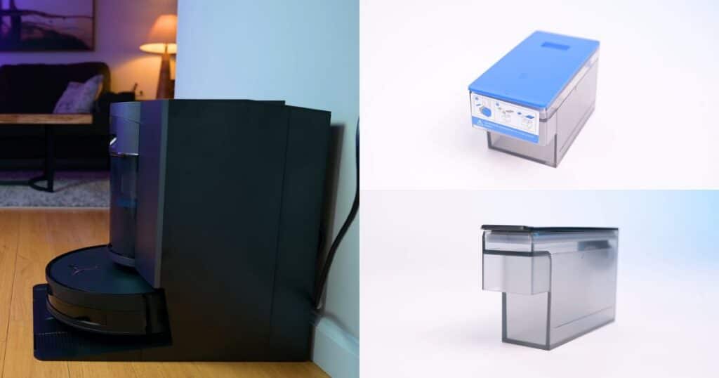 | Vacuum Wars Ecovacs X12 OmniCyclone dock shown beside two removable cleaning solution containers.