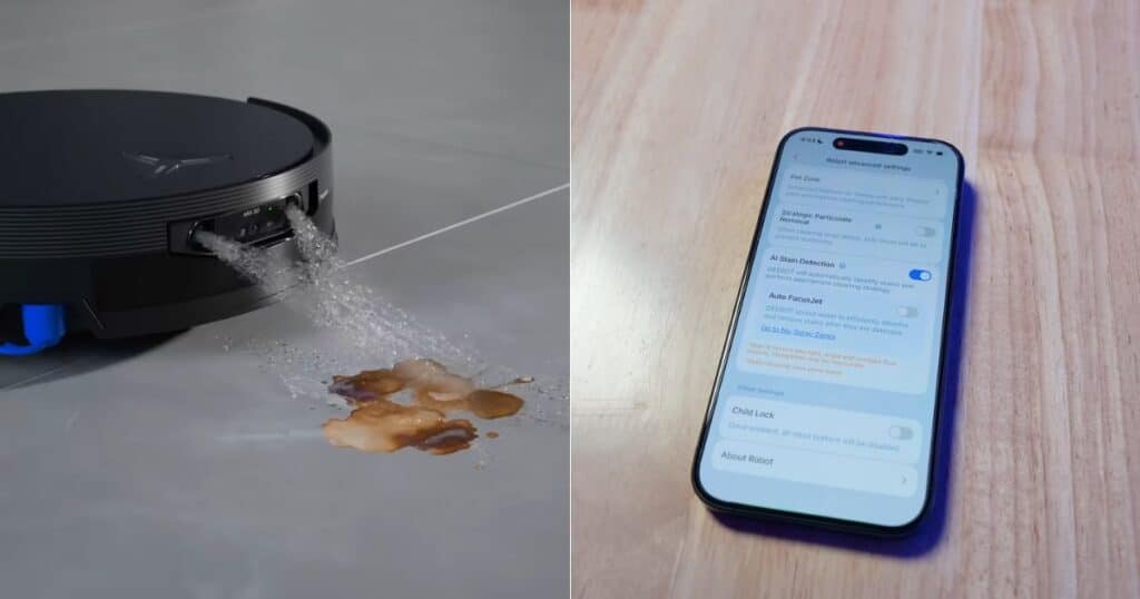 | Vacuum Wars Ecovacs X12 OmniCyclone FocusJet sprayer pre-soaking a spill, shown beside the app screen with AI Stain Detection and Auto FocusJet settings.