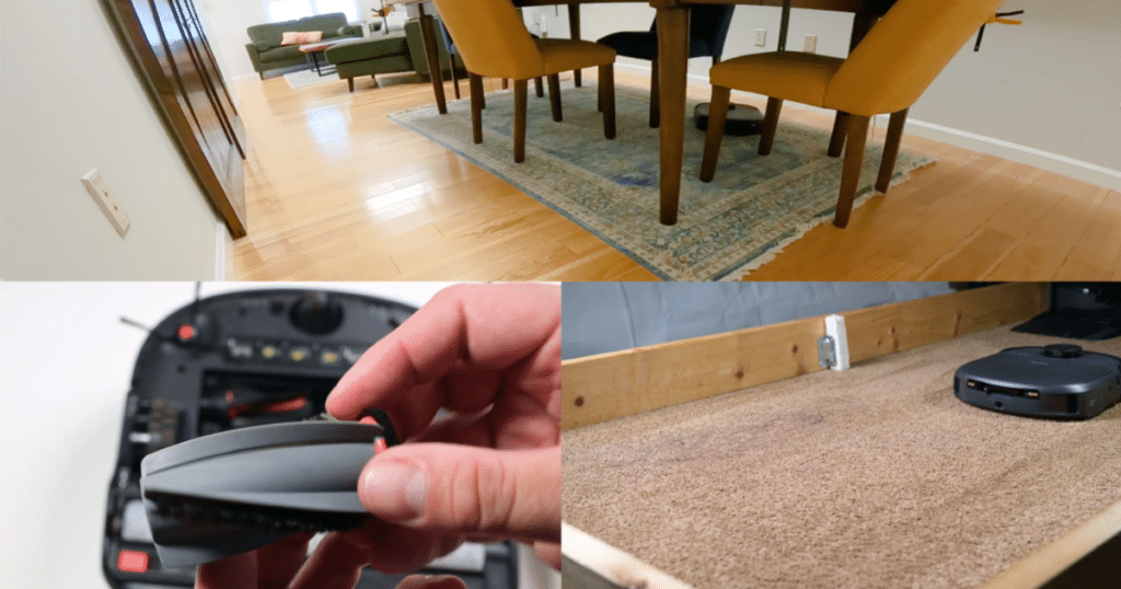 Eufy C28 Vacuuming | Vacuum Wars The Eufy Omni C28 robot vacuum navigating around furniture alongside close-up views of its DuoSpiral anti-tangle brush and carpet pet hair cleaning test.