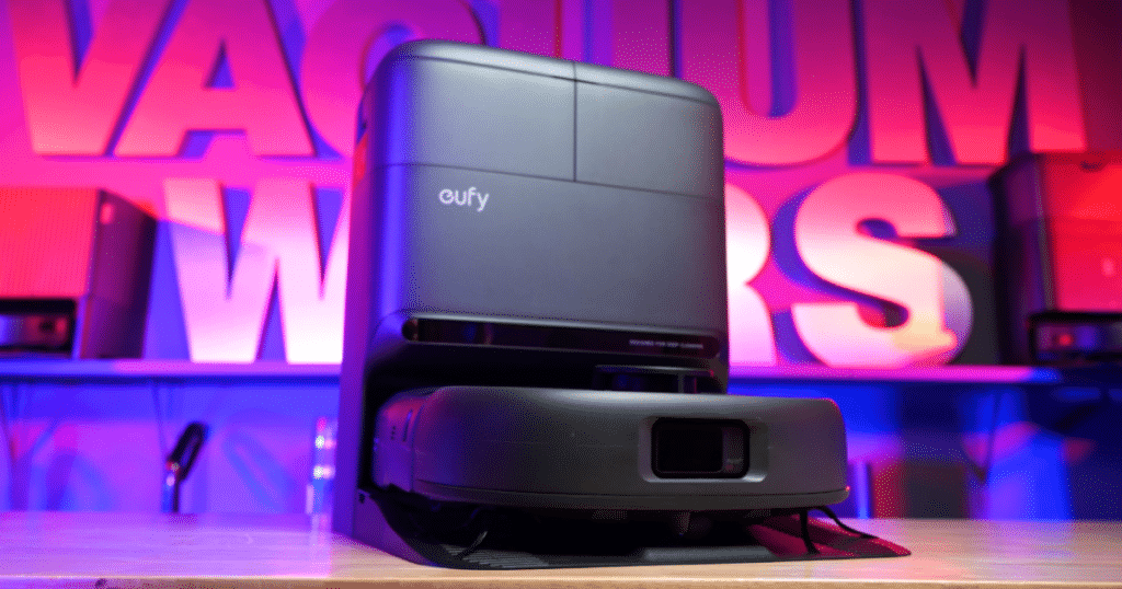 Eufy C28 at Vacuum Wars Studio After Testing | Vacuum Wars The Eufy Omni C28 robot vacuum and multifunction dock displayed in the Vacuum Wars studio.