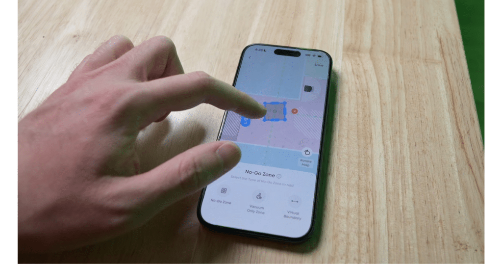 Eufy Omni C28 Robot Vacuum and Mop App | Vacuum Wars User creating a no-go zone in the Eufy Omni C28 robot vacuum app, showing multi-floor mapping and customized cleaning controls.