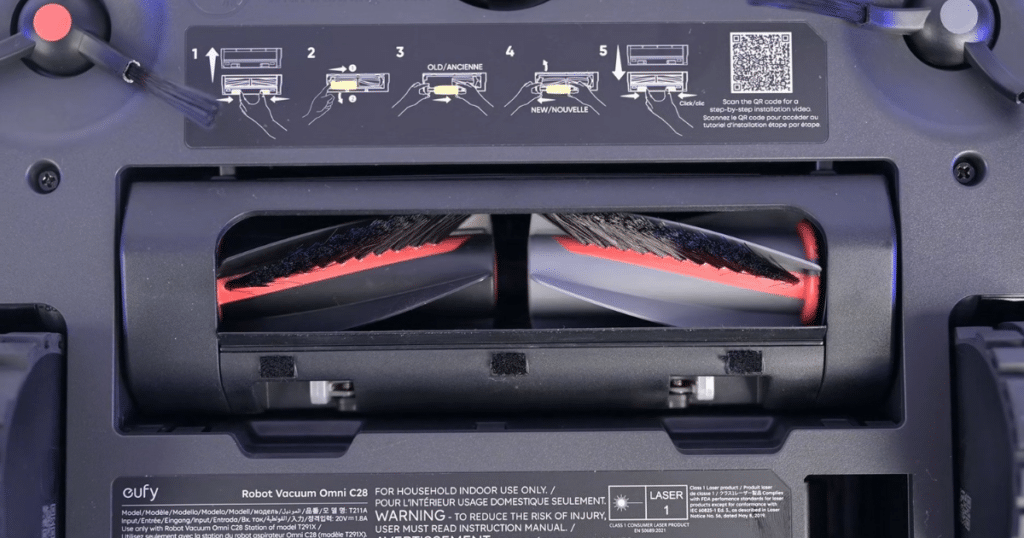 Eufy Omni C28 Robot Vacuum and Mop DuoSpiral anti-tangle brush system | Vacuum Wars Close-up of the Eufy Omni C28 DuoSpiral anti-tangle brush system designed to reduce hair wrap and improve pet hair pickup performance.