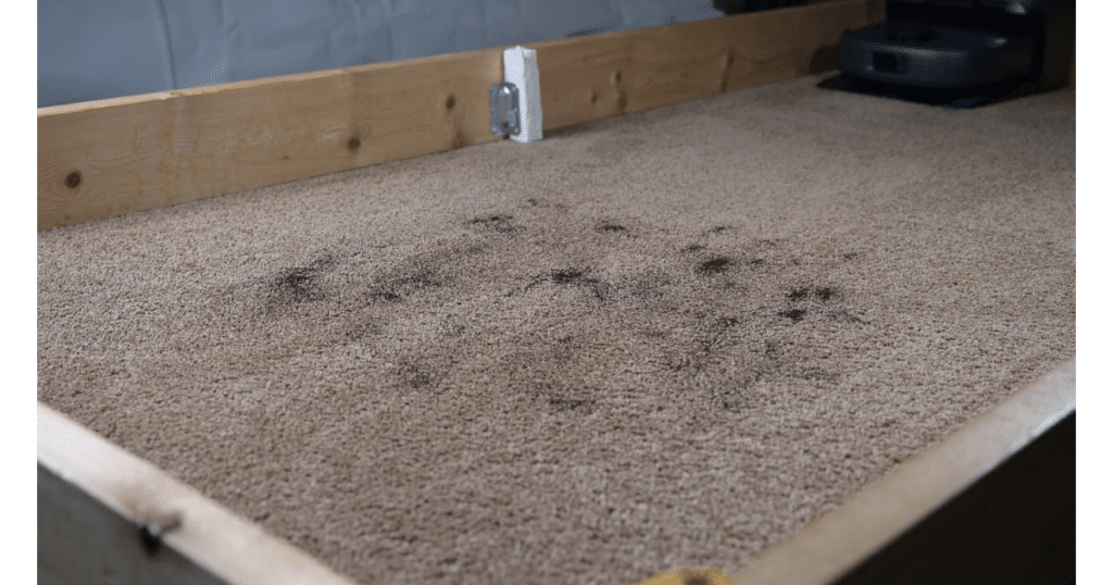 Eufy Omni C28 Robot Vacuum on Carpet 1 | Vacuum Wars The Eufy C28 robot vacuum and mop approaching coffee grounds on a carpet.