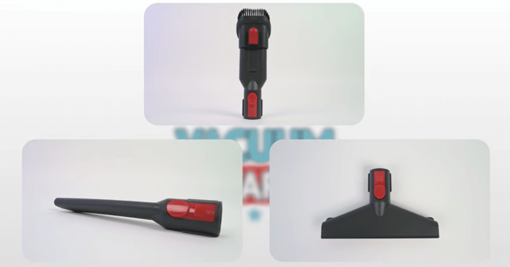 KARDV V06 attachment 3 | Vacuum Wars The KARDV V06 cordless vacuum accessory kit showing three included attachments: a dusting brush, crevice tool, and upholstery tool for above-floor and detail cleaning tasks.