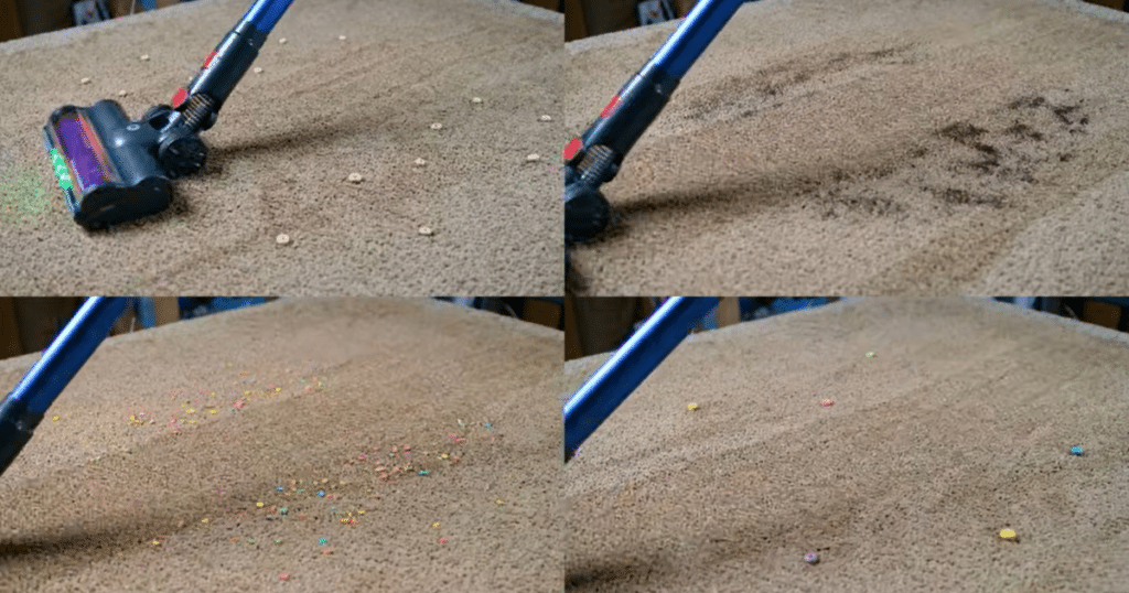 KARDV V06 carpet debris | Vacuum Wars The KARDV V06 cordless vacuum removing multiple debris types from medium-pile carpet during Vacuum Wars pickup testing, including fine dirt, cereal, and larger particles.