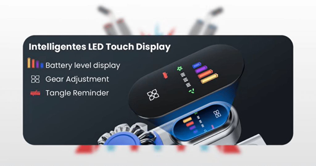 KARDV V06 display led | Vacuum Wars Close-up graphic of the KARDV V06 cordless vacuum LED touch display showing battery level indicators, suction mode adjustment controls, and hair tangle reminder notifications.