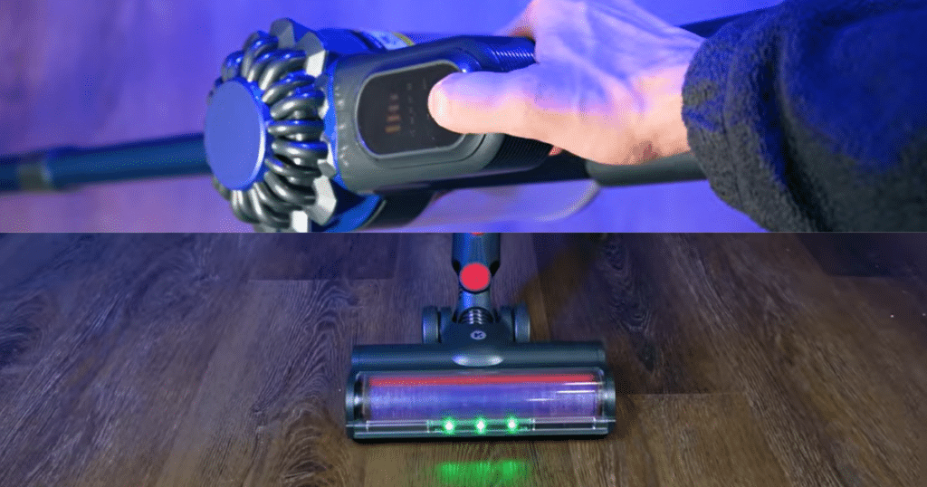 KARDV V06 displays | Vacuum Wars Close-up of the KARDV V06 cordless vacuum LED display showing battery level and suction modes alongside green LED headlights on the floor head designed to illuminate dust and debris on hard floors.