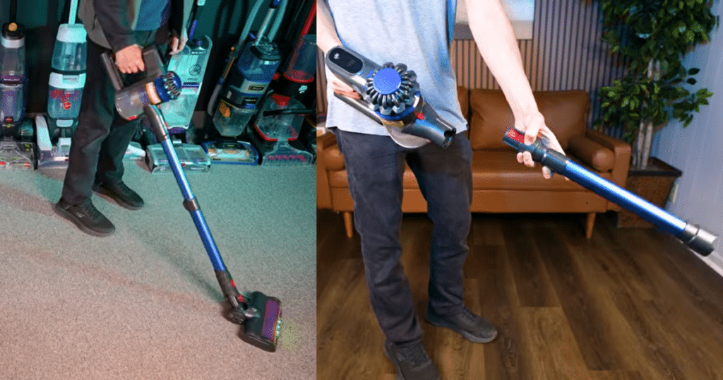 KARDV V06 full size | Vacuum Wars The KARDV V06 cordless stick vacuum shown in full-size floor cleaning mode and handheld conversion mode, demonstrating its lightweight design for carpets, hard floors, and above-floor cleaning at a budget price under 0.