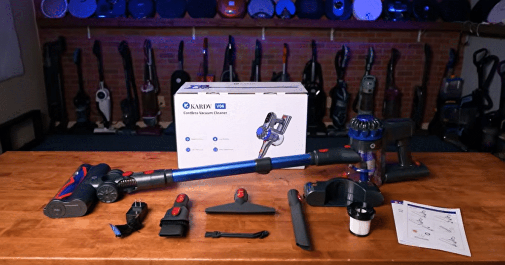 KARDV V06 product | Vacuum Wars The KARDV V06 cordless vacuum shown with included accessories, charging components, filters, and packaging after earning the top ranking under 0 in Vacuum Wars cordless vacuum testing.