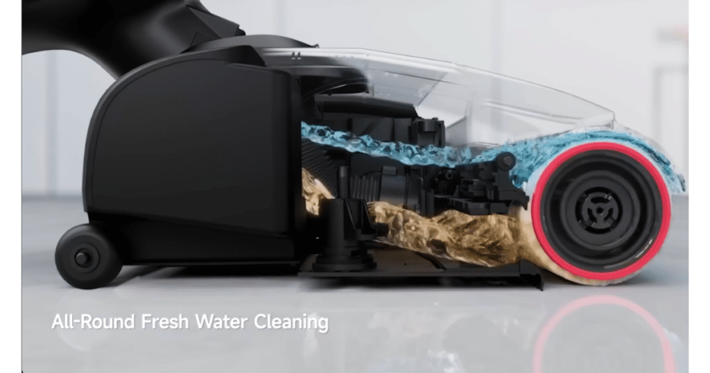 MOVA X4 Pro Hard Floor Cleaner Fresh water cleaning | Vacuum Wars Cutaway rendering of the MOVA X4 Pro cleaning head showing clean water spraying onto the soft roller while dirty water is collected by a squeegee system and directed into a separate dirty water tank.