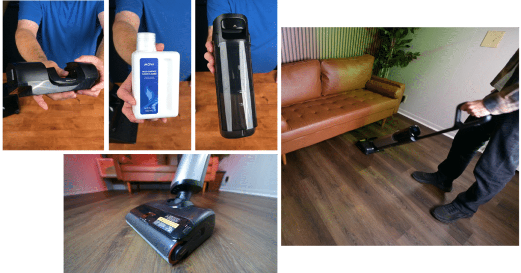 MOVA X4 Pro Hard Floor Cleaner How to Use Collage | Vacuum Wars The MOVA X4 Pro cordless wet/dry vacuum is shown in use and alongside its accessories, including the charging dock, cleaning solution bottle, clean water tank, and floor-cleaning head on hardwood floors.