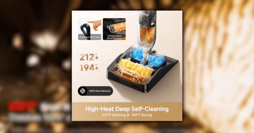 MOVA X4 Self Cleaning | Vacuum Wars Promotional graphic showing the MOVA X4 Pro self-cleaning dock using high-heat washing and drying technology to clean and dry the roller brush after use.