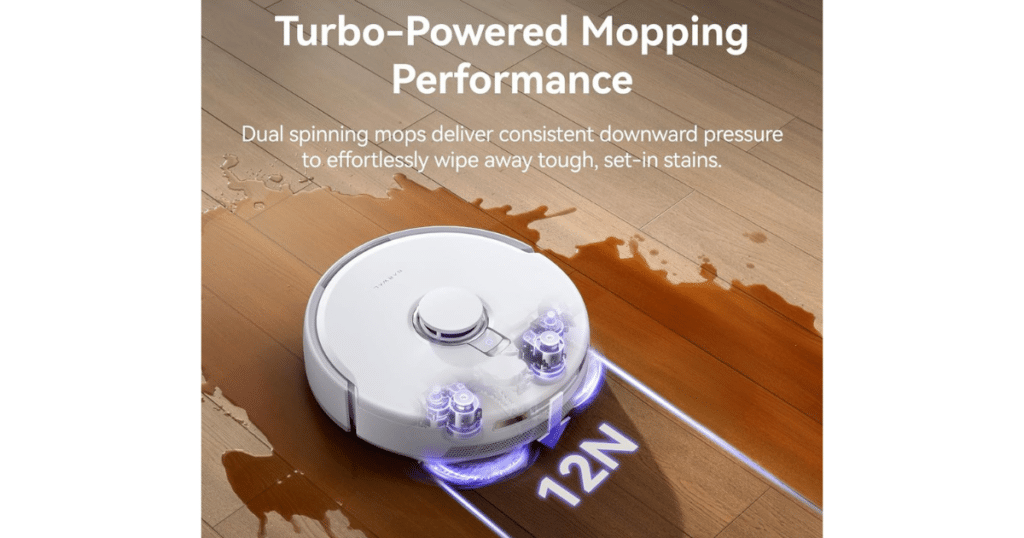 Narwal Freo Z10 Turbo mop | Vacuum Wars Narwal Freo Z10 Turbo robot vacuum mopping hard floors with dual spinning mop pads and 12N downward pressure