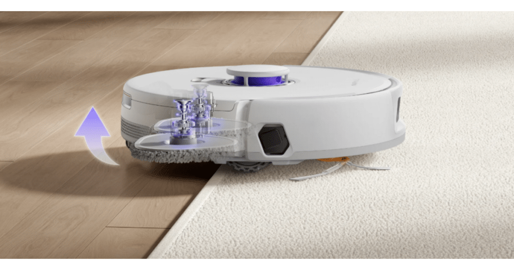 Narwal Freo Z10 Turbo robot vacuum automatically lifting mop pads while cleaning carpet with CarpetFocus technology