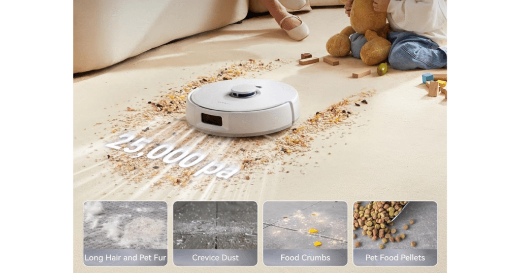 Narwal Freo Z10 Turbo robot vacuum cleaning carpet debris with 25,000Pa suction power and CarpetFocus technology