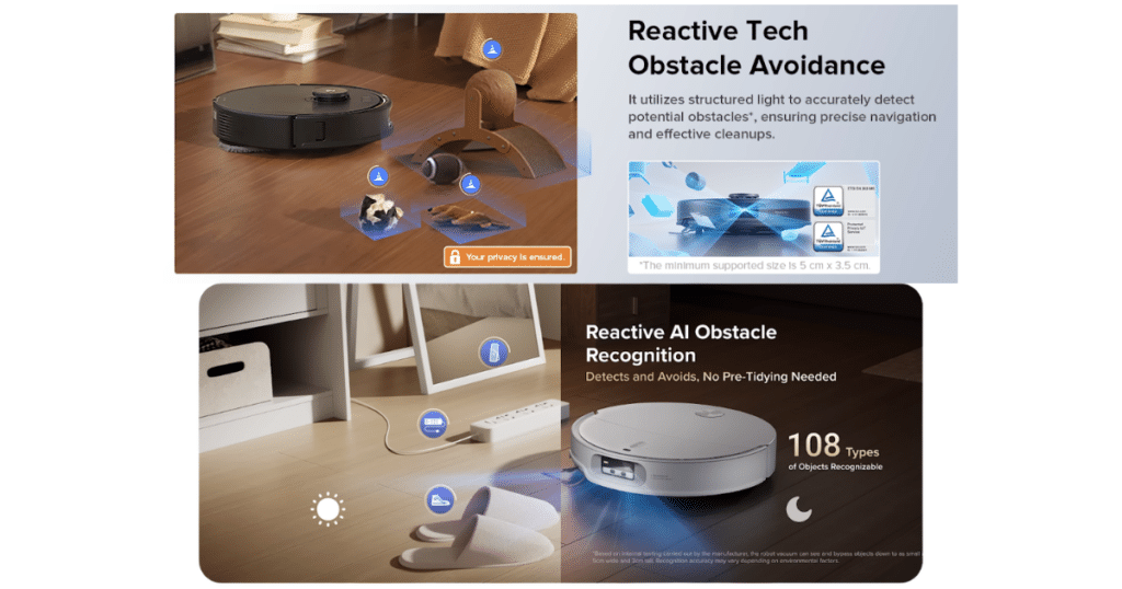 Reactive Tech and Reactive AI Roborock | Vacuum Wars Comparison graphic showing the difference between Roborock Reactive Tech obstacle avoidance and ReactiveAI obstacle recognition systems, illustrating how AI-equipped robot vacuums can identify objects like cords, shoes, and pets instead of simply detecting obstacles.