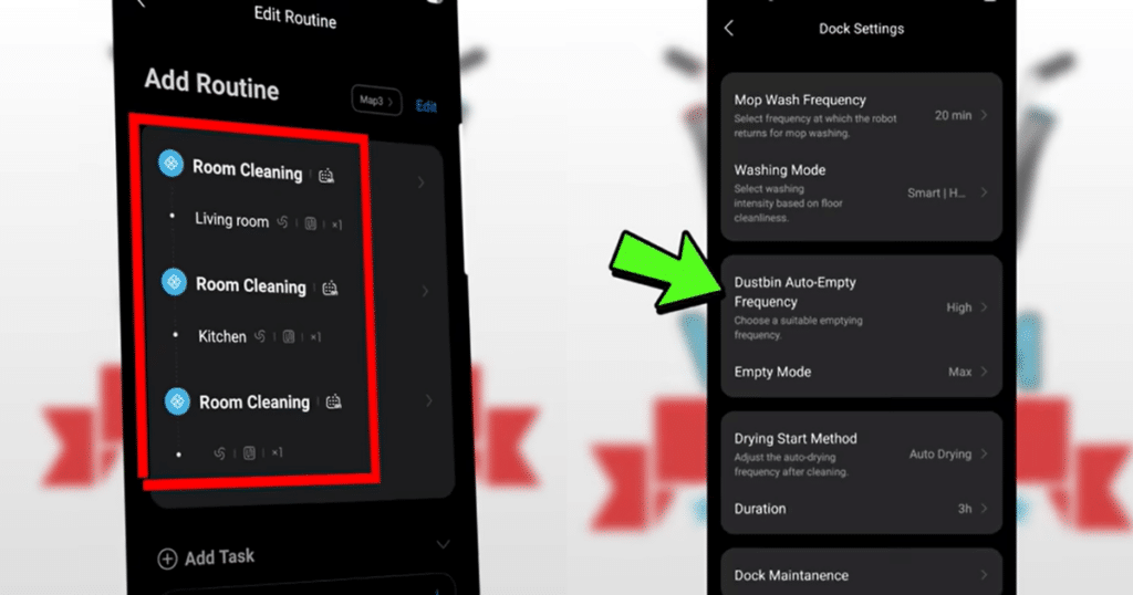 Roborock CurvX app settings | Vacuum Wars Roborock Qrevo CurvX app routine settings configured to trigger auto-emptying between room cleaning tasks