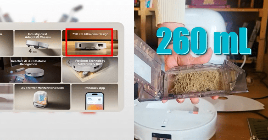 Roborock CurvX dustbin and height | Vacuum Wars Roborock Qrevo CurvX ultra-slim 7.98cm robot vacuum design alongside its small 260ml onboard dust bin capacity