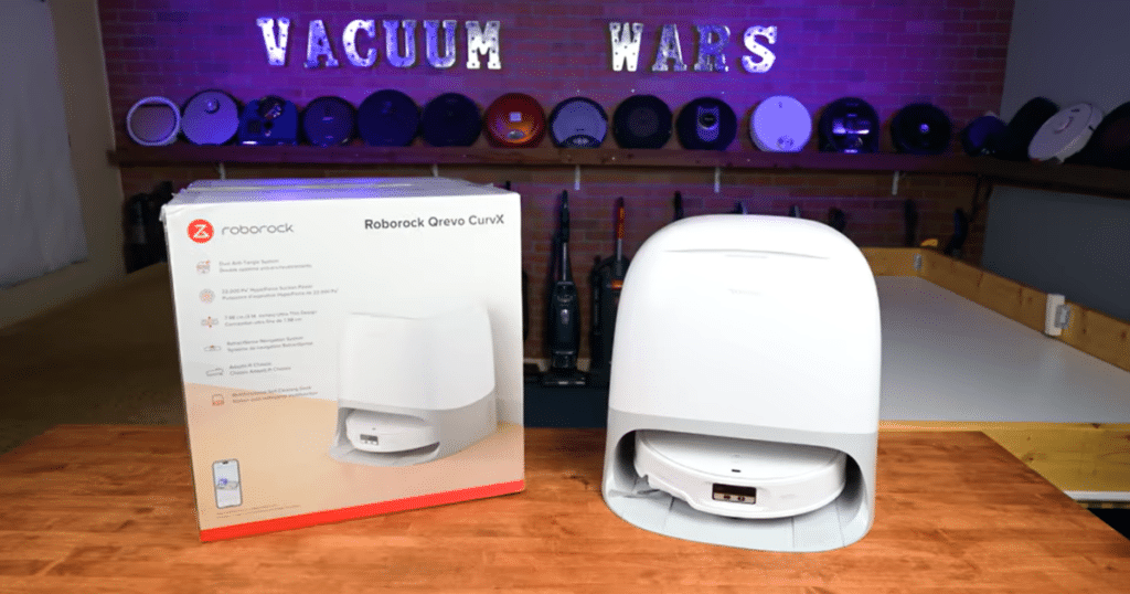 Roborock CurvX home product box | Vacuum Wars Roborock Qrevo CurvX robot vacuum and docking station shown in Vacuum Wars studio during long-term review testing