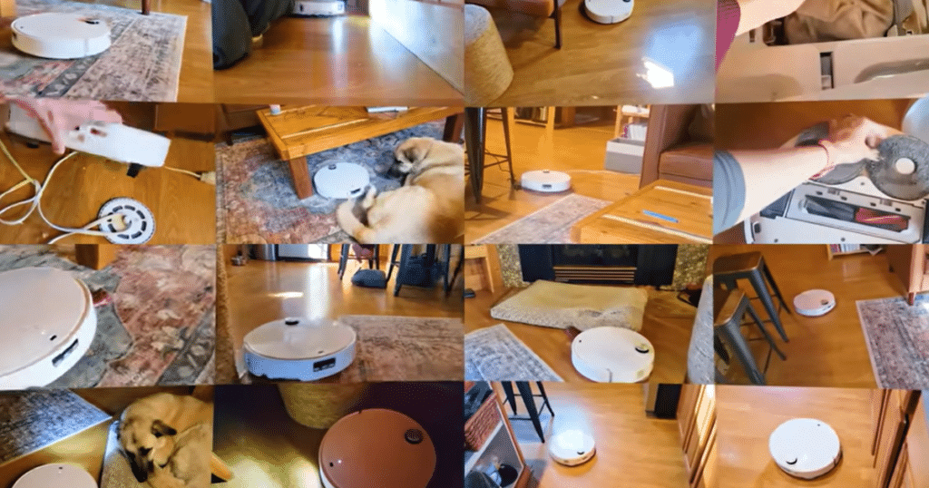Roborock CurvX home tests | Vacuum Wars Roborock Qrevo CurvX real-world home testing collage showing navigation, mopping, pet hair cleaning, dock maintenance, and obstacle avoidance performance