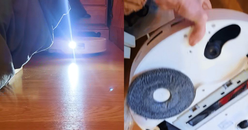 Roborock CurvX obstacle avoidance issues | Vacuum Wars Roborock Qrevo CurvX cleaning under low furniture and blankets side-by-side with an image of the mop pad fallen off