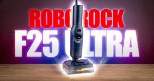 | Vacuum Wars Roborock F25 Ultra vacuum mop standing on a hard floor in front of large red and white text that reads “ROBOROCK F25 ULTRA,” with steam-like lighting around the floor head.