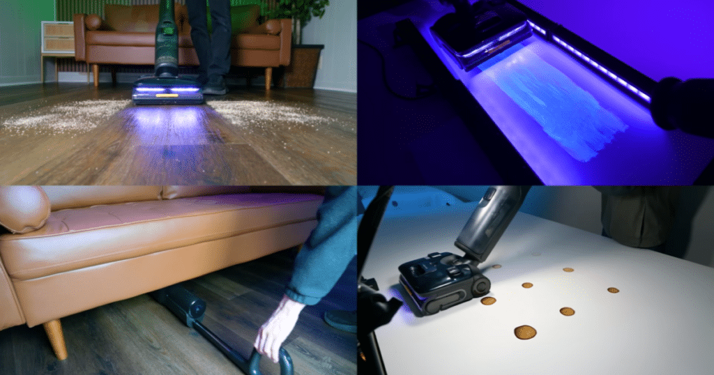 Roborock F25 Ultra Vacuum Mop Review | Vacuum Wars Four-panel collage showing the Roborock F25 Ultra vacuum-mop combo cleaning dry debris, using UV lighting on hard floors, reaching under low furniture, and removing sticky messes during Vacuum Wars testing.