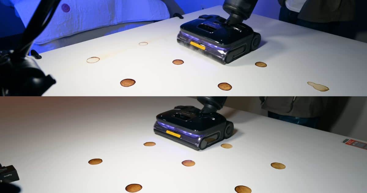 | Vacuum Wars Split image showing the Roborock F25 Ultra cleaning dried stains in VaporFlow mode on the top panel and WaveFlow mode on the bottom panel.