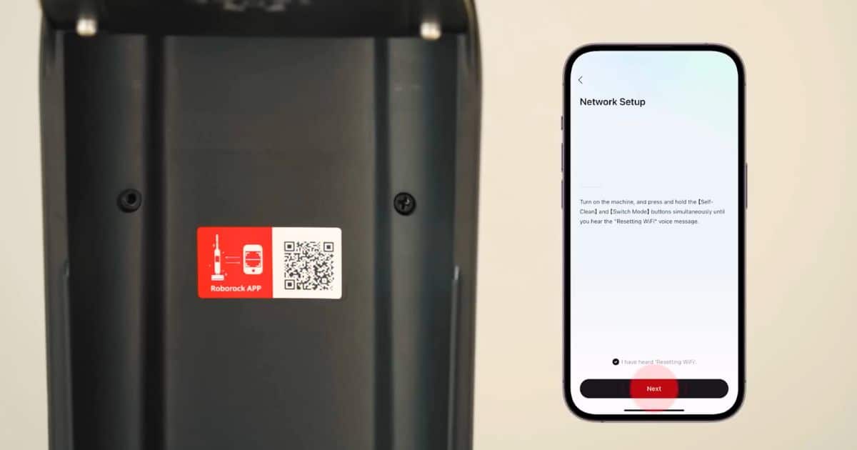 | Vacuum Wars Split image showing a QR code for the Roborock app on the Roborock F25 Ultra and a phone screen showing the Network Setup page.