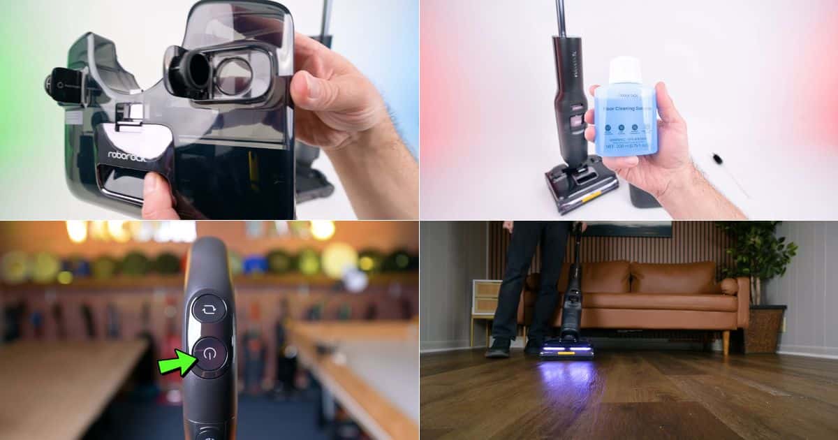 | Vacuum Wars Four-panel collage showing the Roborock F25 Ultra vacuum mop setup, including the dirty water tank, a 200 ml Roborock floor cleaning solution bottle, the mode/power controls, and the vacuum mop cleaning a hard floor with LED lights on.