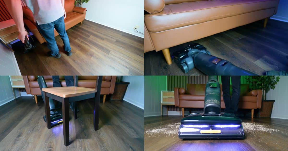 | Vacuum Wars Four-panel image showing the Roborock F25 Ultra maneuvering around furniture, cleaning under a sofa, moving between chair legs, and picking up debris on a hard floor.