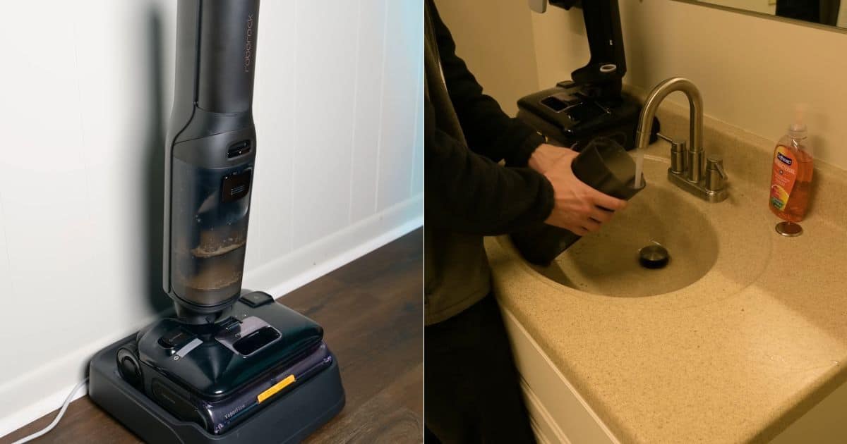 | Vacuum Wars Split image showing the Roborock F25 Ultra on its dock during the self-cleaning cycle and a person rinsing the dirty water tank in a bathroom sink.