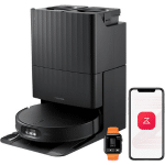 Roborock Qrevo Edge 2 150x150 | Vacuum Wars Compact black desktop printer with a vertical cartridge design, shown with a smartphone and a small wearable device nearby, suggesting app-controlled functionality.