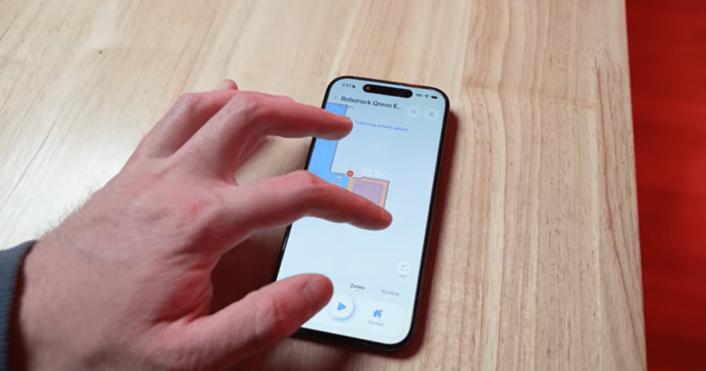 Roborock Qrevo Edge S5A app | Vacuum Wars Roborock Qrevo Edge S5A smartphone app interface showing room mapping, zone cleaning controls, and customizable cleaning settings.