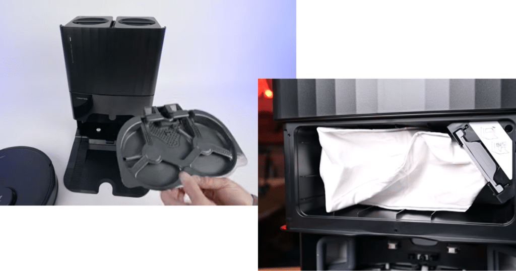 Roborock Qrevo Edge S5A dock | Vacuum Wars Roborock Qrevo Edge S5A multifunction dock with removable self-cleaning tray and disposable dust bag for automatic dust emptying, mop washing, and water refilling.