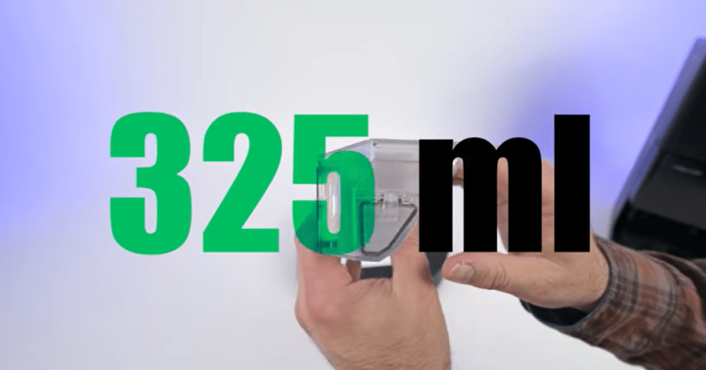 Roborock Qrevo Edge S5A dustbin | Vacuum Wars Close-up graphic showing the Roborock Qrevo Edge S5A robot vacuum’s 325 mL onboard dustbin capacity compared to the robot vacuum average.