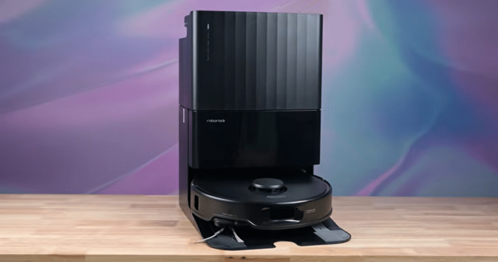 Roborock Qrevo Edge S5A hero | Vacuum Wars Roborock Qrevo Edge S5A robot vacuum and multifunction dock shown in the Vacuum Wars studio, highlighting its premium design, carpet cleaning performance, and automated mopping features.
